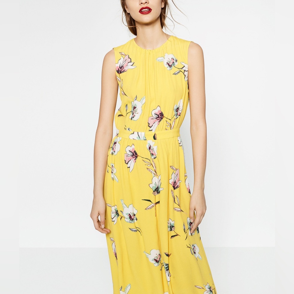 Yellow Floral Sleeveless Boho Summer and Spring Midi Dress